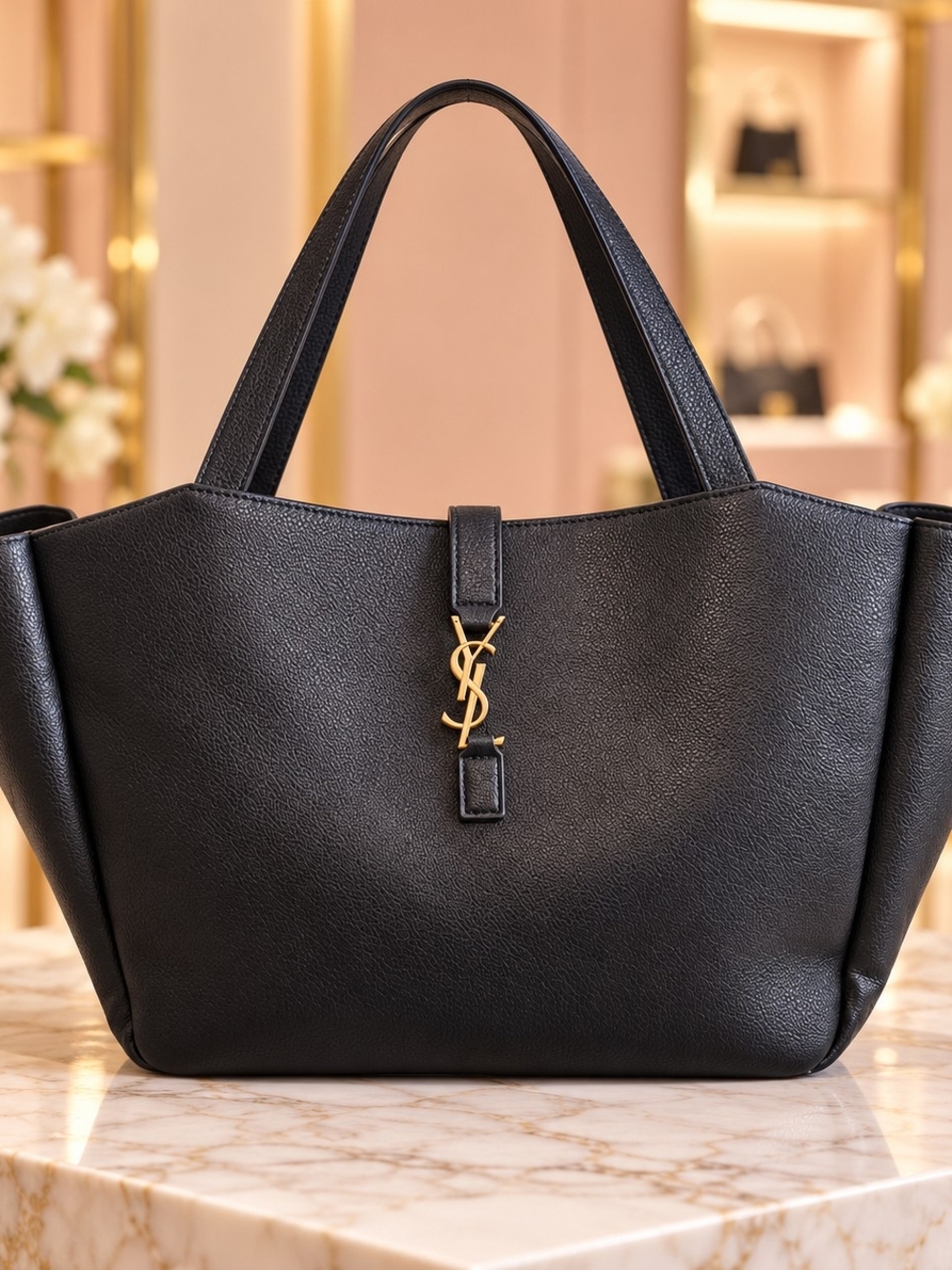 Black Leather Tote with Gold Logo Accent